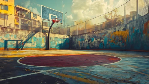 Urban outdoor basketball court under warm evening light.