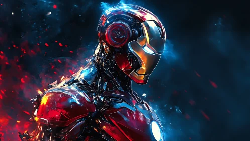 Futuristic red armor hero glowing in swirling cosmic sparks.