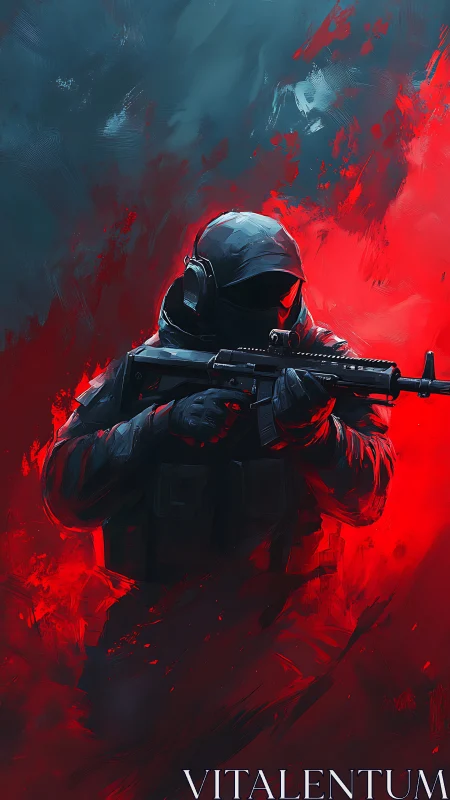 Crimson-shrouded tactical phantom in swirling digital fire.