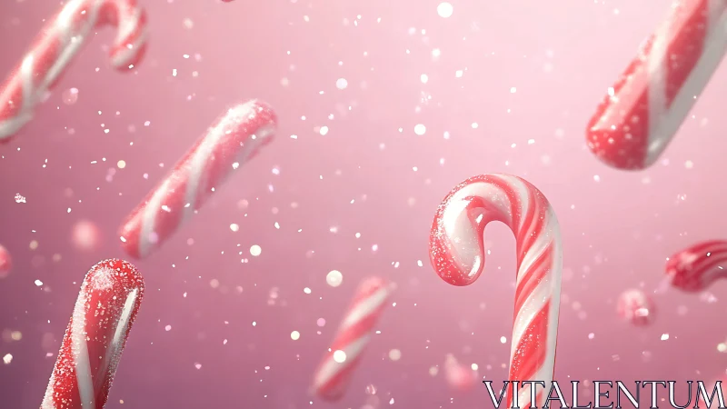 Festive candy canes glistening in pink bokeh holiday scene.