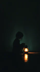 Child&rsquo;s silhouette guards a single lantern in deep darkness.