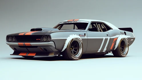Retro muscle race car rendered with aggressive widebody kit