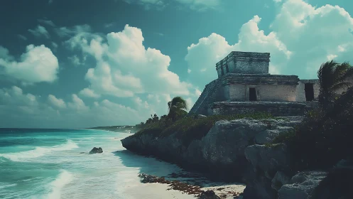 Ancient stone temple overlooks turquoise tropical coastline