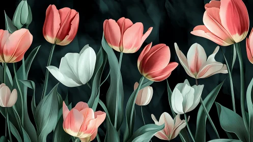 Tulip Garden: Pink and White Blooms Against Dark Background.