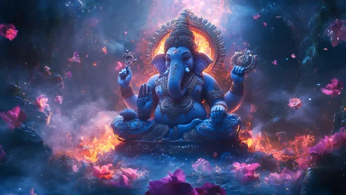 Celestial blue Ganesha glowing amid cosmic fire and petals.