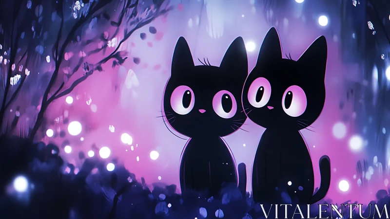 Twin Black Cats Gaze Mystical Neon Urban Landscape.