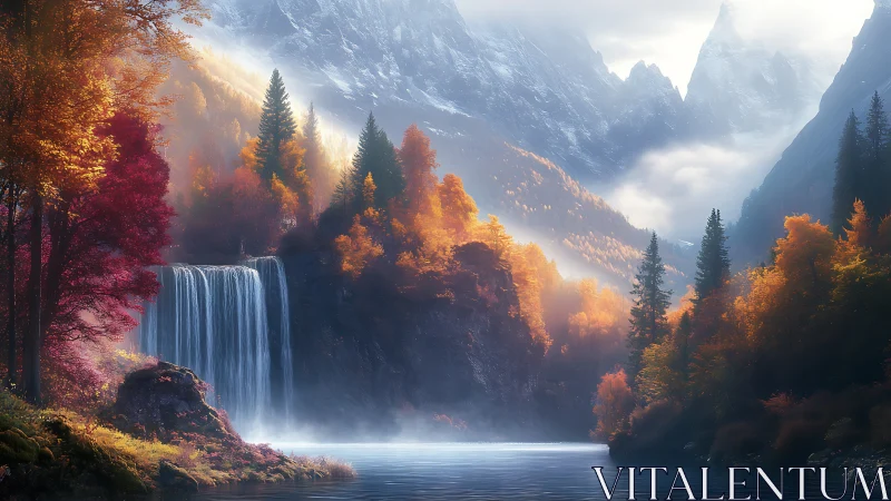 Autumn waterfall glows beneath misty alpine peaks at sunrise