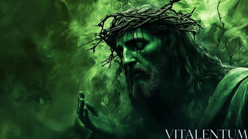 Sorrowful crowned figure in emerald smoke-lit gloom.