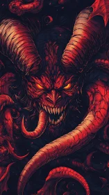 Infernal horned demon entwined in vivid crimson tentacles.