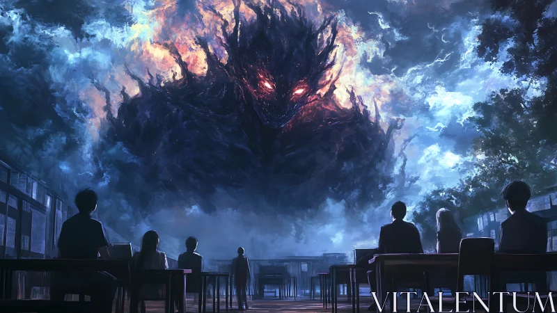 Colossal fiery cloud demon looms above students in outdoor classroom
