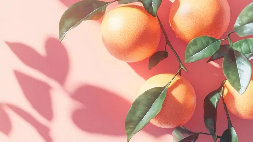 Ripe grapefruits cast sharp leaf shadows on pastel surface