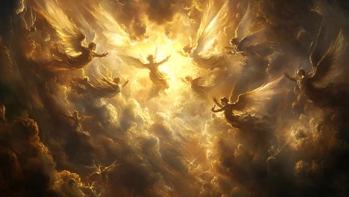 Radiant host of angels ascends through blazing golden clouds