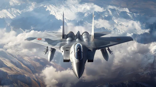 Sleek fighter jet gliding bravely above sunlit mountains.