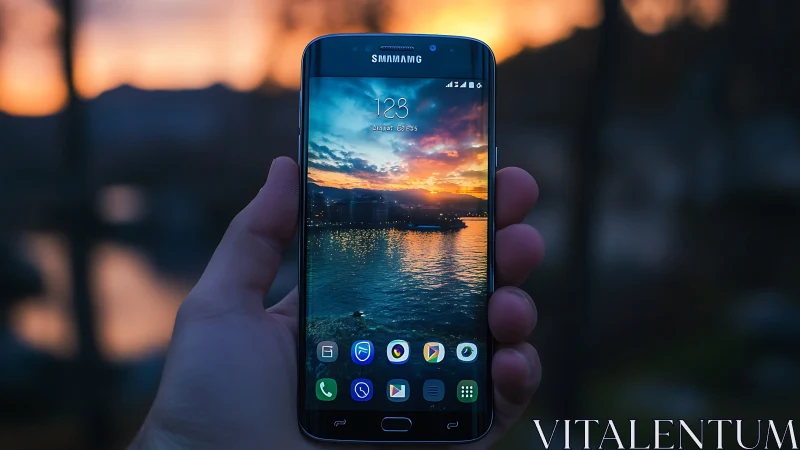 Samsung Android smartphone displaying golden sunset landscape lock screen.