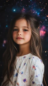 Young Girl Portrait with Luminous Particle Background