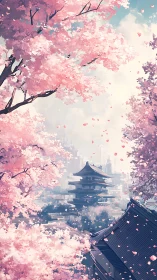 Cherry blossom pagoda skyline under drifting spring petals.