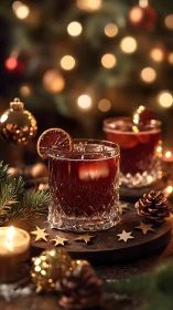 Festive Cocktail Celebration with Warm Lights and Evergreen Decorations