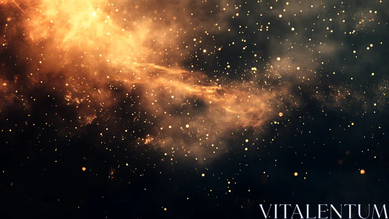 Stardust embers drift through a molten-gold cosmic river