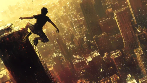 Skyline runner vaults into a molten honeycomb metropolis