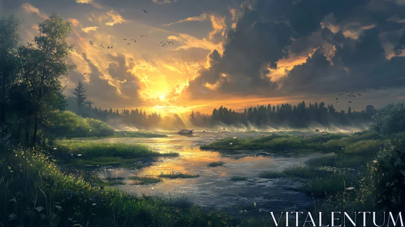 Radiant fluvial sunrise with volumetric clouds and misted treeline.