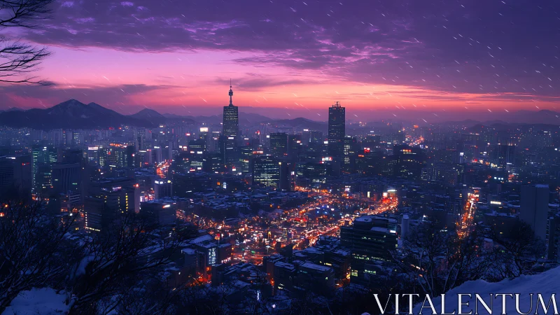 Snowy neon metropolis skyline under violet dusk sky.