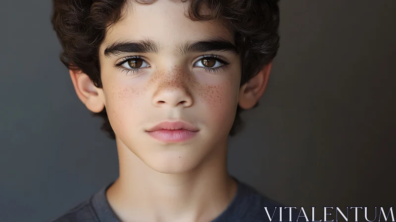 Young teenager portrait with freckles and expressive eyes.