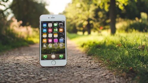 White iPhone positioned on gravel path with blurred green garden background