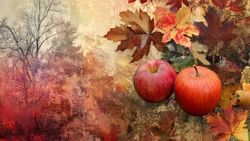 Two ripe apples rest among layered autumn foliage textures
