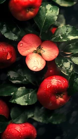 Dew kissed red apples and blossom glow in lush garden shade