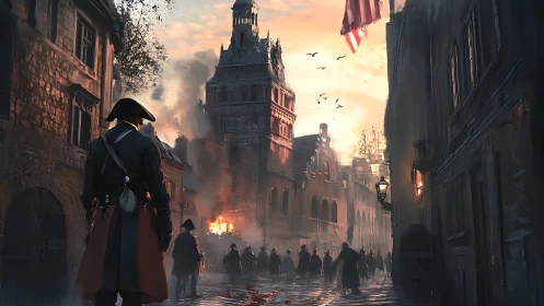 Lone revolutionary walks through a burning city at dusk.