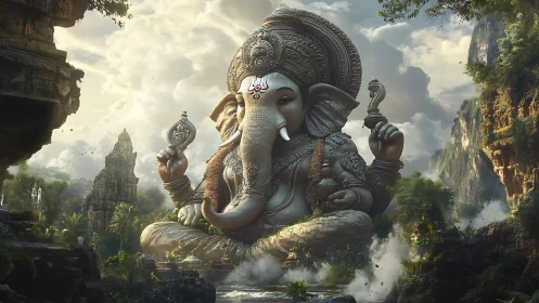 Majestic Ganesha statue rises amid misty jungle cliffs.