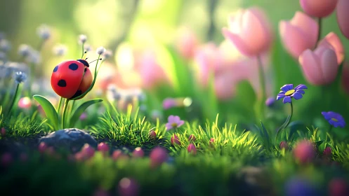 Ladybug dawn patrol in a tulip-bright miniature meadow.