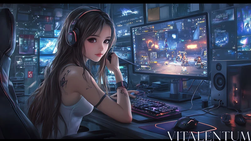 Female gamer streaming at multi monitor RGB desktop setup.