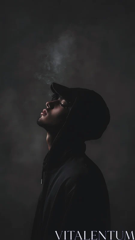 Side-lit hooded portrait in rising smoke and deep shadow.