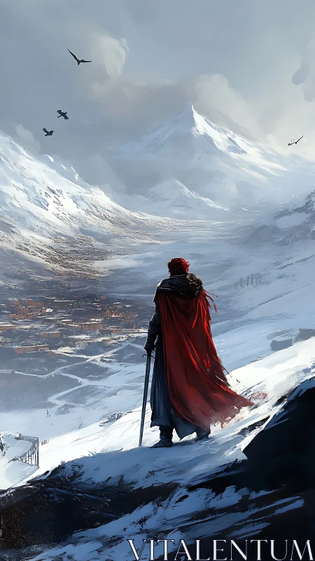 Crimson cloaked wanderer pauses above a silent winter realm