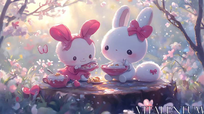 Gentle bunnies share a cozy spring picnic among blossoms
