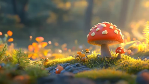 Sunlit fly agaric mushrooms in shallow depth forest clearing