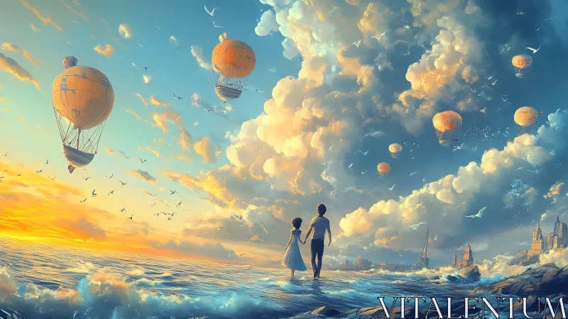 Fantasy seascape with couple and drifting hot air balloons.
