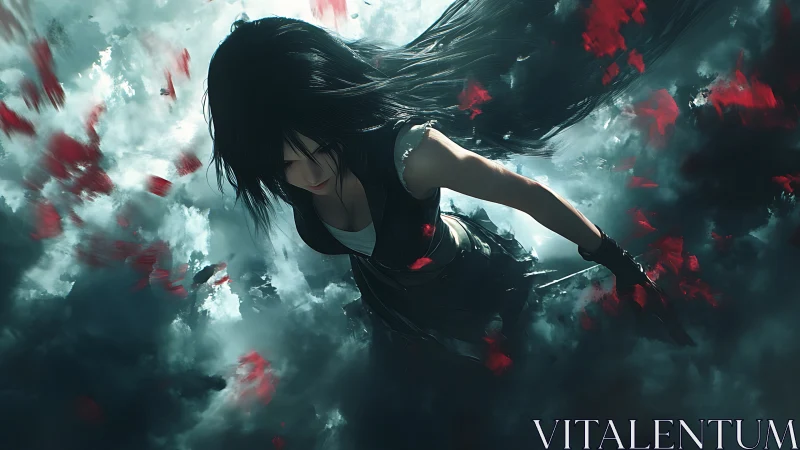 Dynamic anime heroine descending through storm clouds and petals