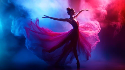 Graceful dancer swirling through dreamy neon color clouds.