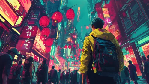 Neon lanterns escort a lone traveler through electric alleys