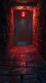 3D dungeon corridor with red lantern and vanishing perspective.