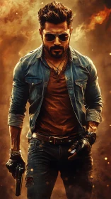 Stylized armed man in denim jacket amid fiery backdrop.