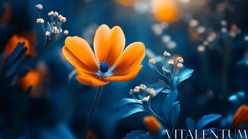 Orange Cosmos Flower Against Blue Bokeh Background.