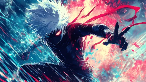 High energy cyber ninja in dynamic neon particle vortex