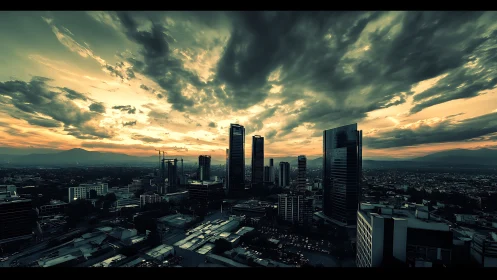 Storm-lit skyline rises over city at dramatic green dusk