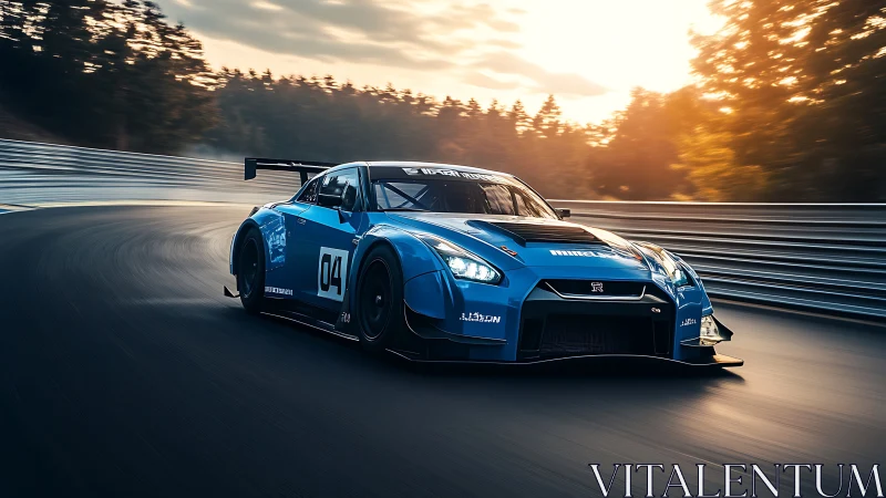 Blue GT race car powers through sunset circuit corner