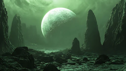Emerald alien landscape under looming cratered moon.