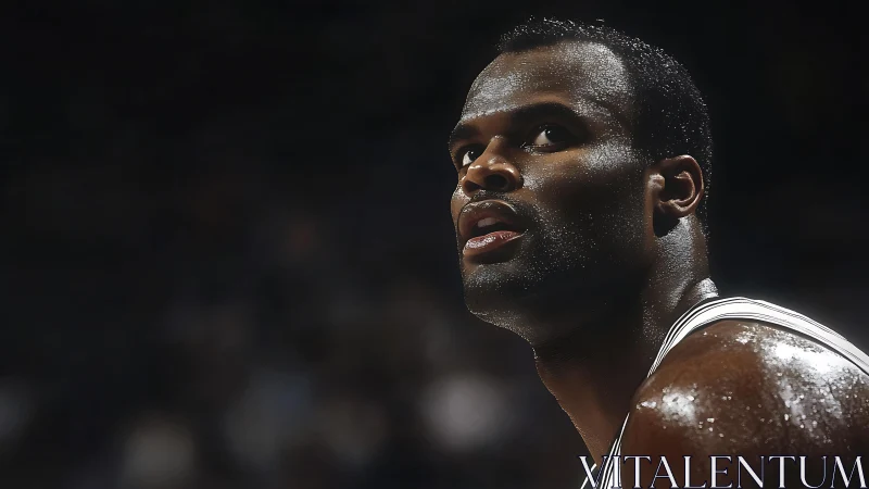 Sweat lit spotlight on focused basketball player courtside.
