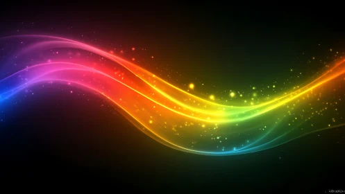 Spectral light waves form layered neon arcs with particle glows